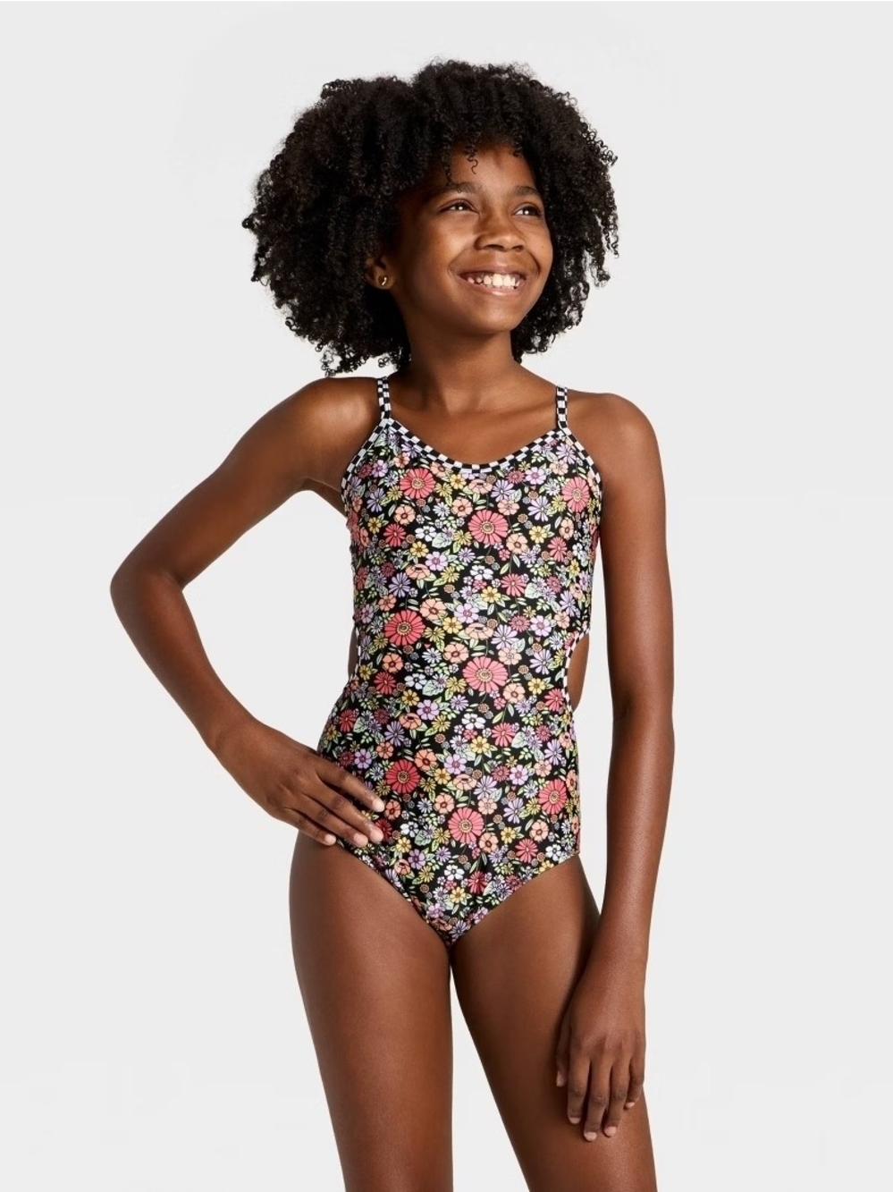 Girls' Floral One-Piece Swimsuit - Black with Multicolor Flowers